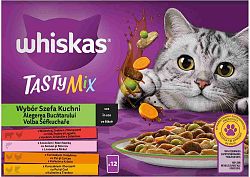 WHISKAS TastyMix Chef's Choice hovädzina a hydina so zeleninou losos s mrkvou kura a morka kura a treska v šťave 12 x 85 g