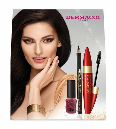 DERMACOL Balíček obsesion Dlhotrvajúci lak na nechty č.23 – Dráma Queen, Obsesión - objemová riasenka, 12H True Colour Eyeliner č.8 - black