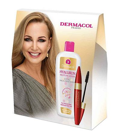 Dermacol Obsesión odstín Black řasenka Obsesión Volume & Lenght Mascara 12 ml + čistící micelární voda Hyaluron Micellar Lotion 400 ml darčeková sada