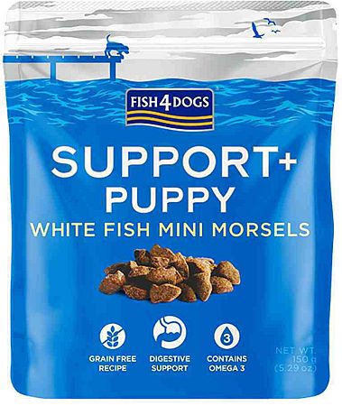 FISH4DOGS Maškrty pre šteniatka na podporu trávenia s kúskami bielej ryby a prebiotikami 150g