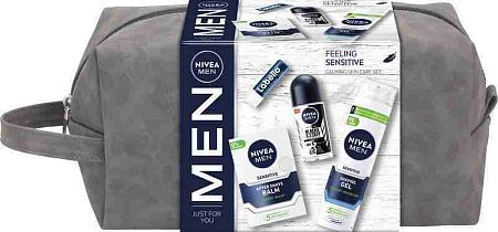 NIVEA Men Sensitive Gél na holenie 200 ml + balzam po holení 100 ml + roll-on 50 ml + balzam na pery 4,8 g + kozmetická taška Darčekové balenie