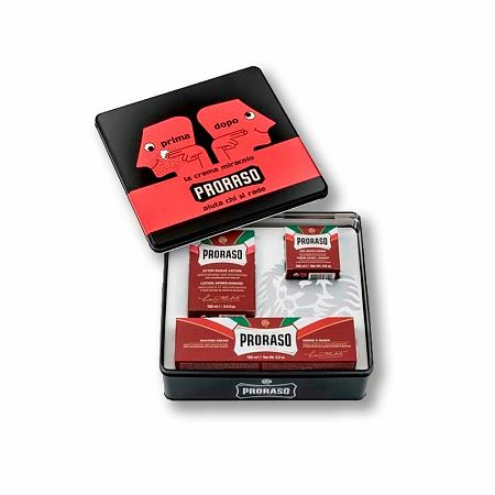 Proraso Red Vintage Primadopo krém na holenie 150 ml + Proraso krém pred holením 100 ml + Proraso voda po holení s vôňou santálového dreva 100 ml darčeková sada